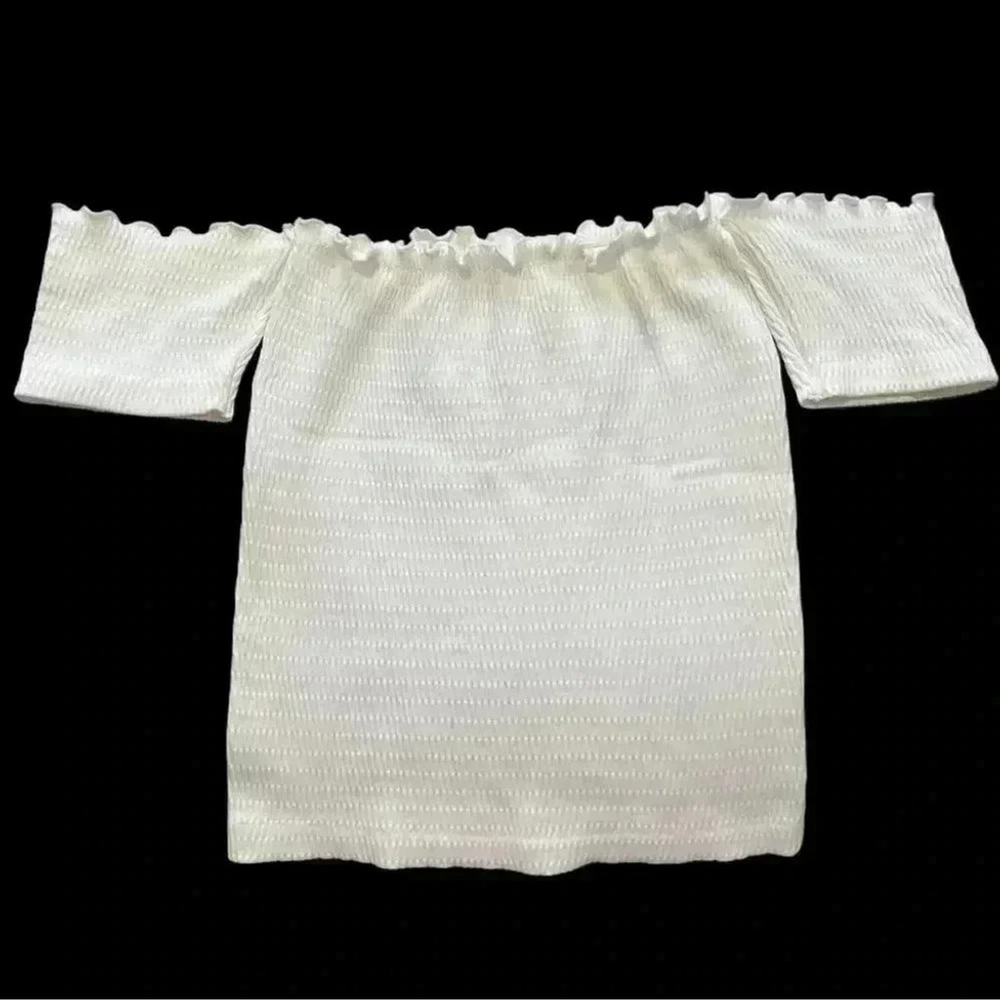 OneStepUp Smocked Off-the-Shoulder Ruffle Crop Top Shirt – Off-White/Cream, S/M